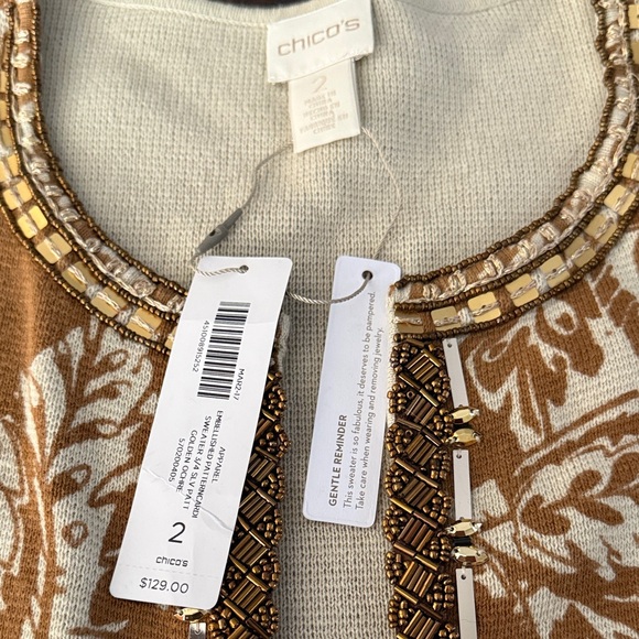 Chico's Tan and Cream Patterned jeweled Blazer NWT sz 2 - Picture 2 of 6
